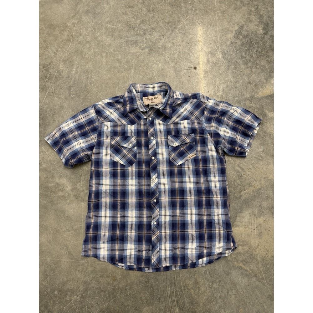 Wrangler Shirt Mens XL Blue Short Sleeve Pearl Snap Western Rodeo Men Adult